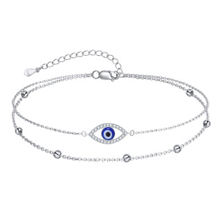 Sterling Silver Circular Shaped Cubic Zirconia Evil Eye Multi-layered Anklet-15