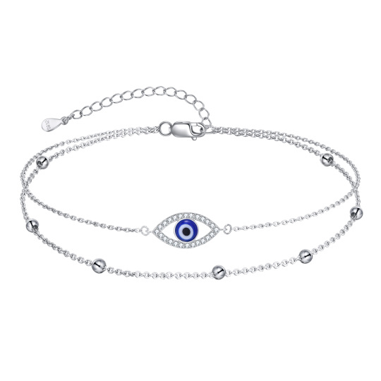 Sterling Silver Circular Shaped Cubic Zirconia Evil Eye Multi-layered Anklet