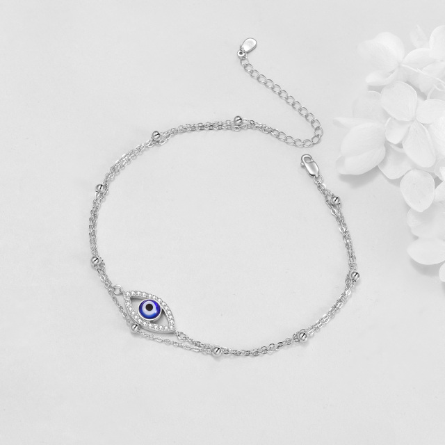 Sterling Silver Circular Shaped Cubic Zirconia Evil Eye Multi-layered Anklet-3