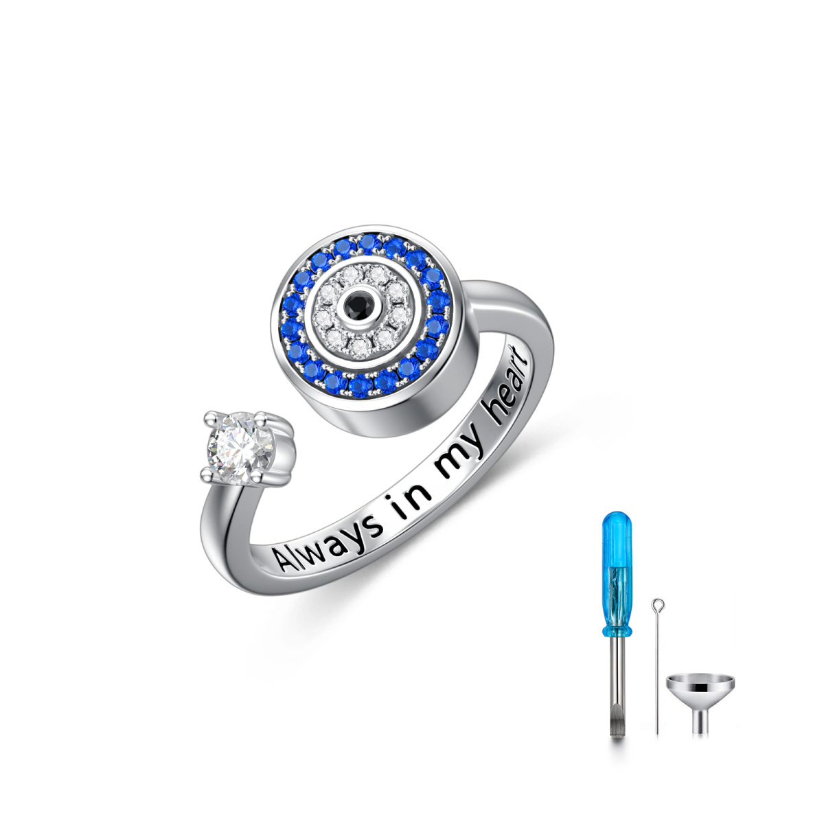 Sterling Silber kreisförmig Cubic Zirkonia Evil Eye Open Ring mit eingraviertem Wort-1