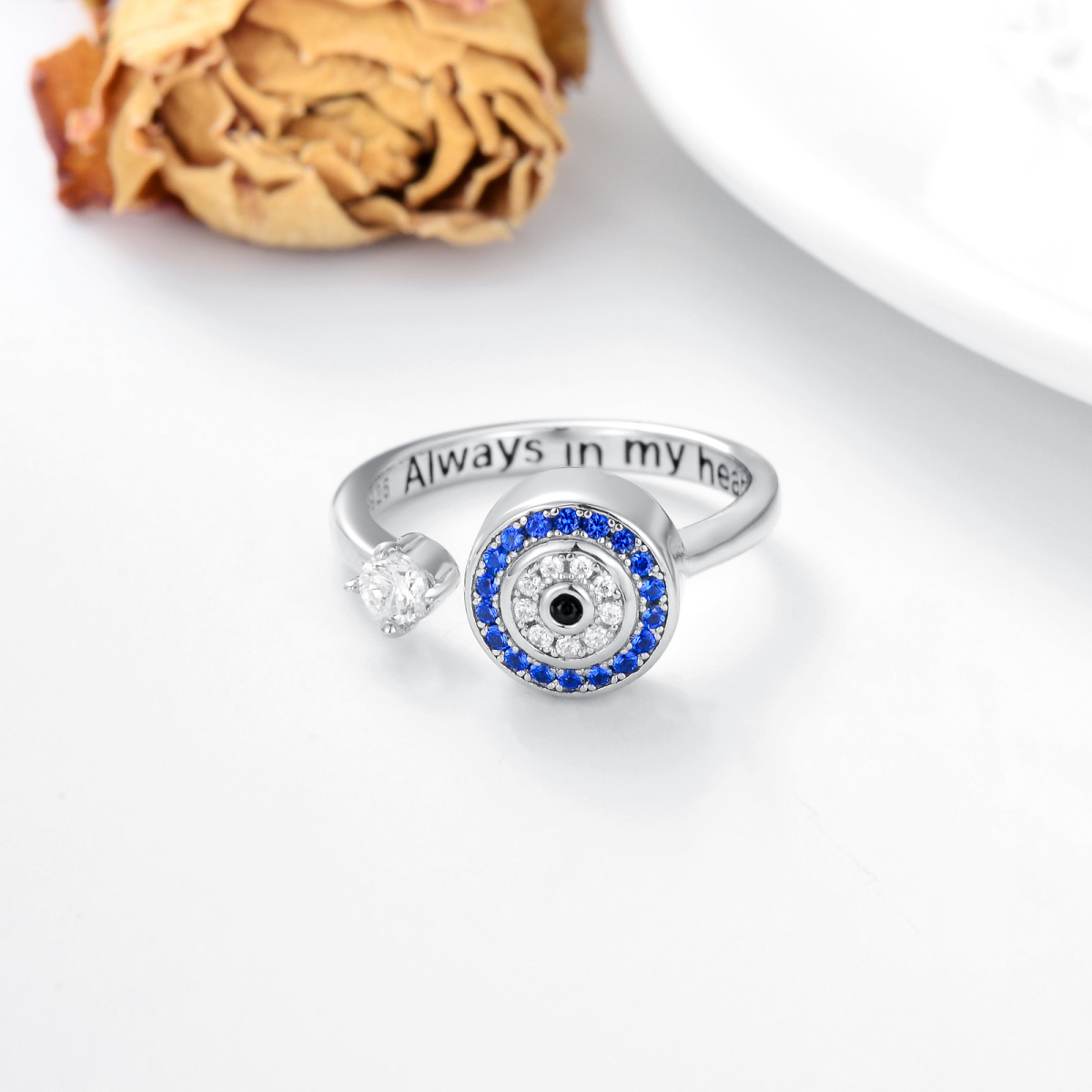 Sterling Silber kreisförmig Cubic Zirkonia Evil Eye Open Ring mit eingraviertem Wort-3