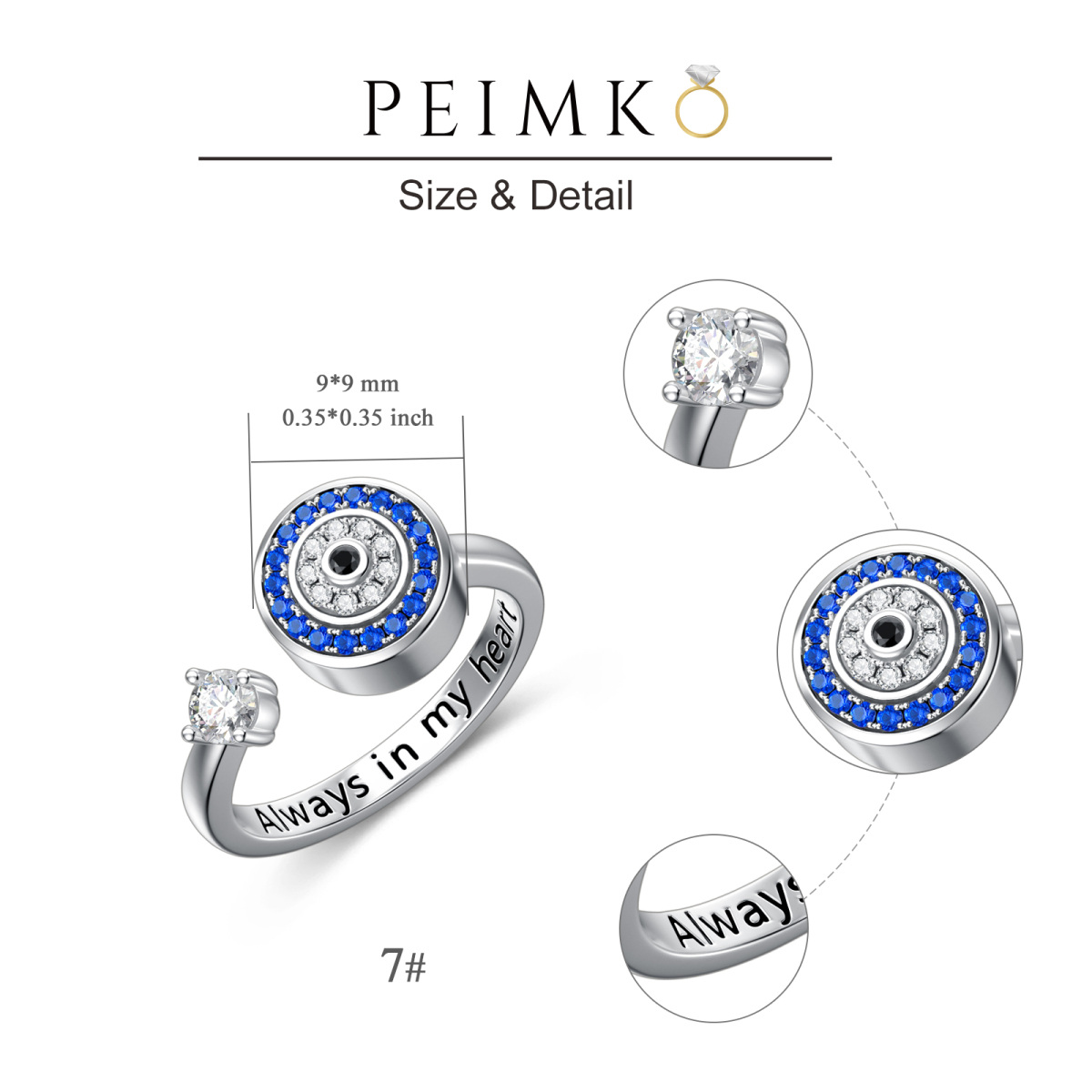 Sterling Silber kreisförmig Cubic Zirkonia Evil Eye Open Ring mit eingraviertem Wort-5