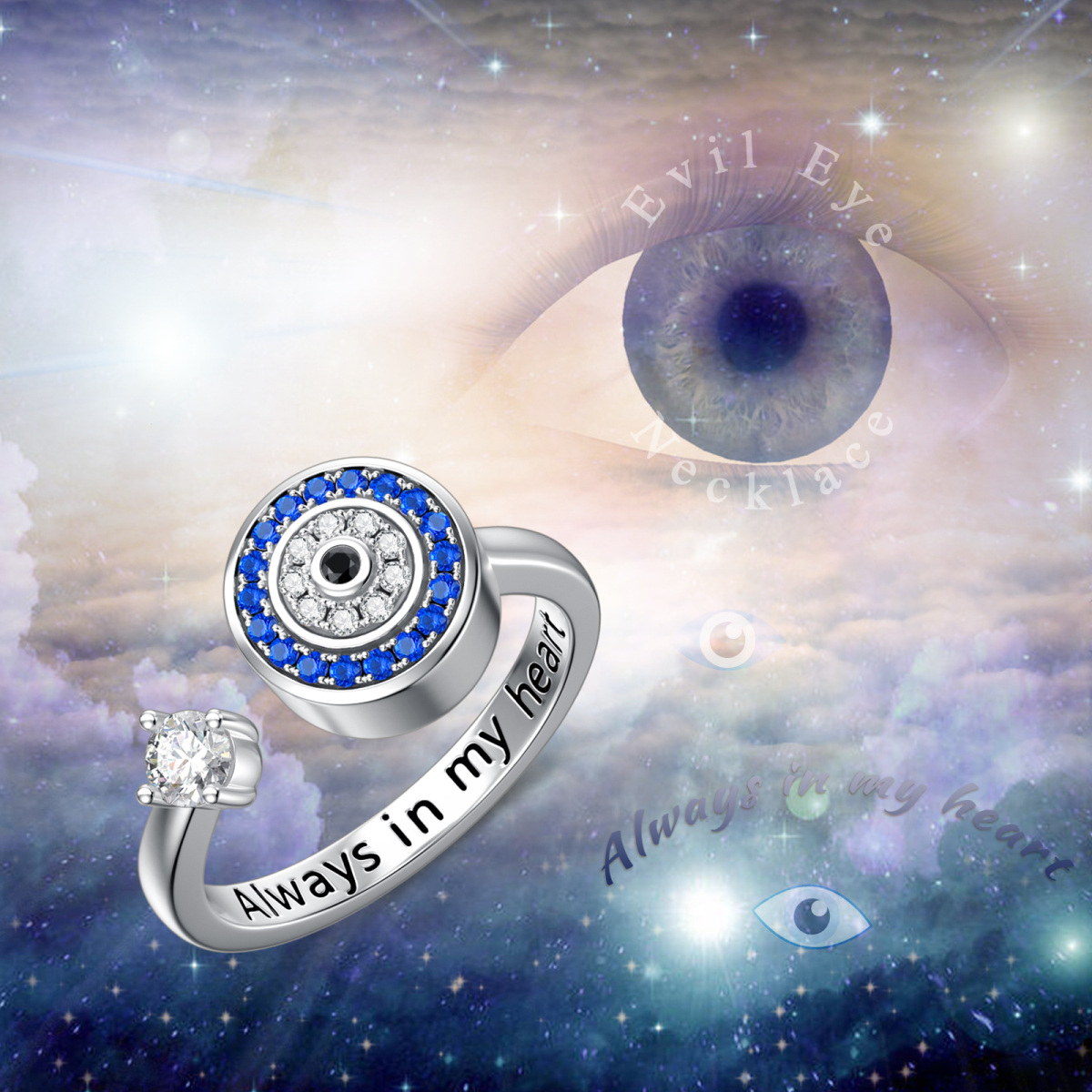 Sterling Silber kreisförmig Cubic Zirkonia Evil Eye Open Ring mit eingraviertem Wort-6