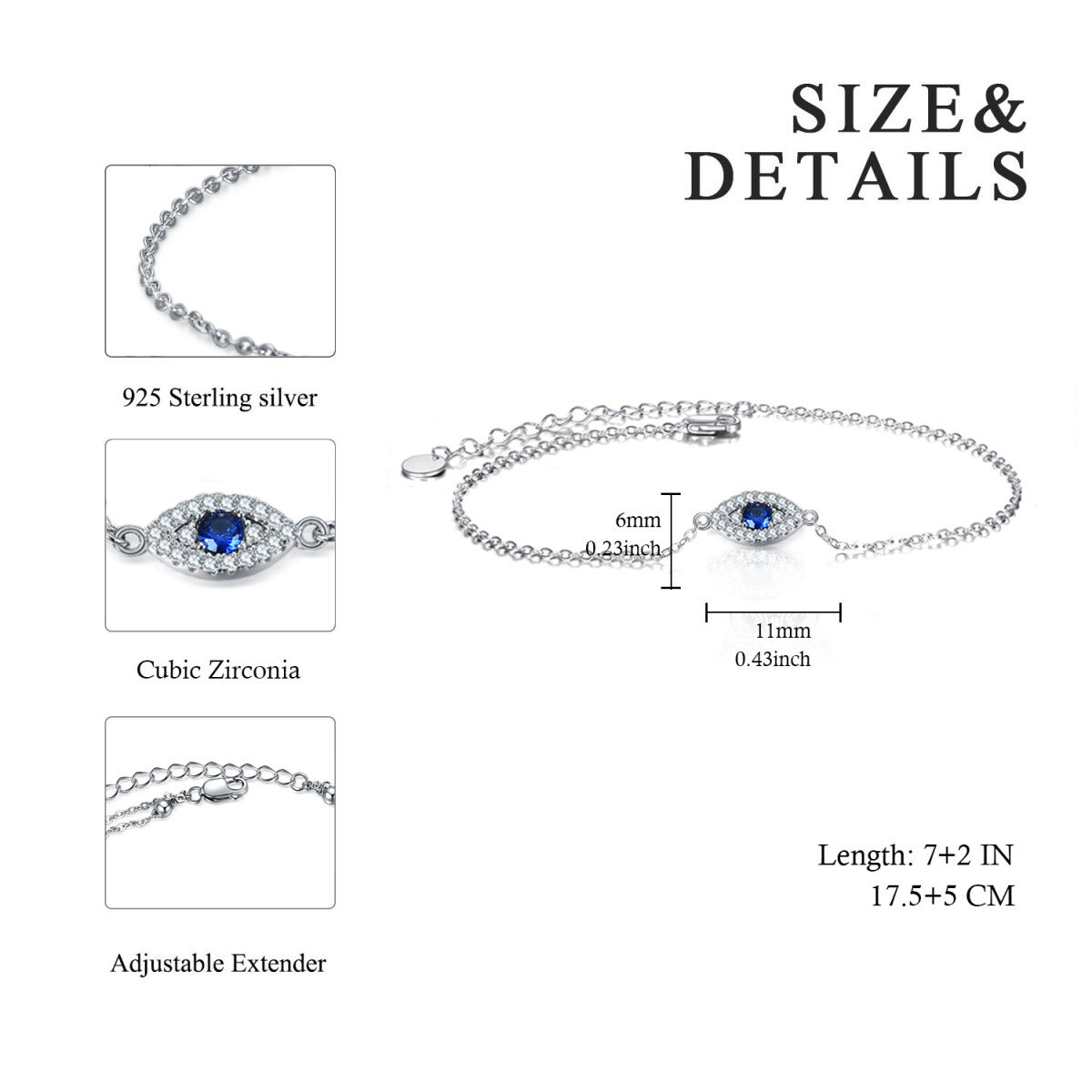 Sterling Silver Circular Shaped Cubic Zirconia Evil Eye Charm Bracelet-4