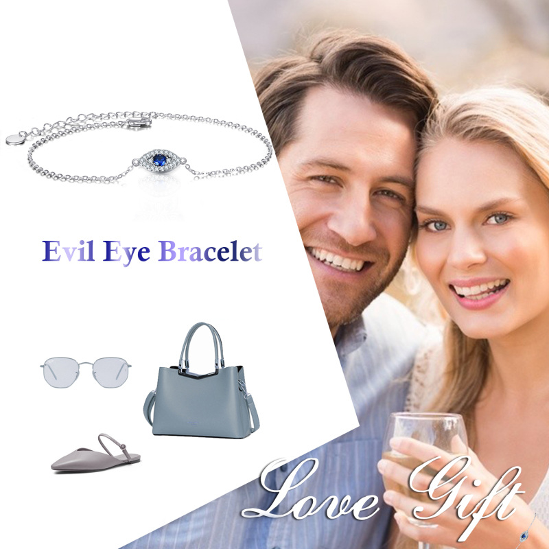 Sterling Silver Circular Shaped Cubic Zirconia Evil Eye Charm Bracelet-6