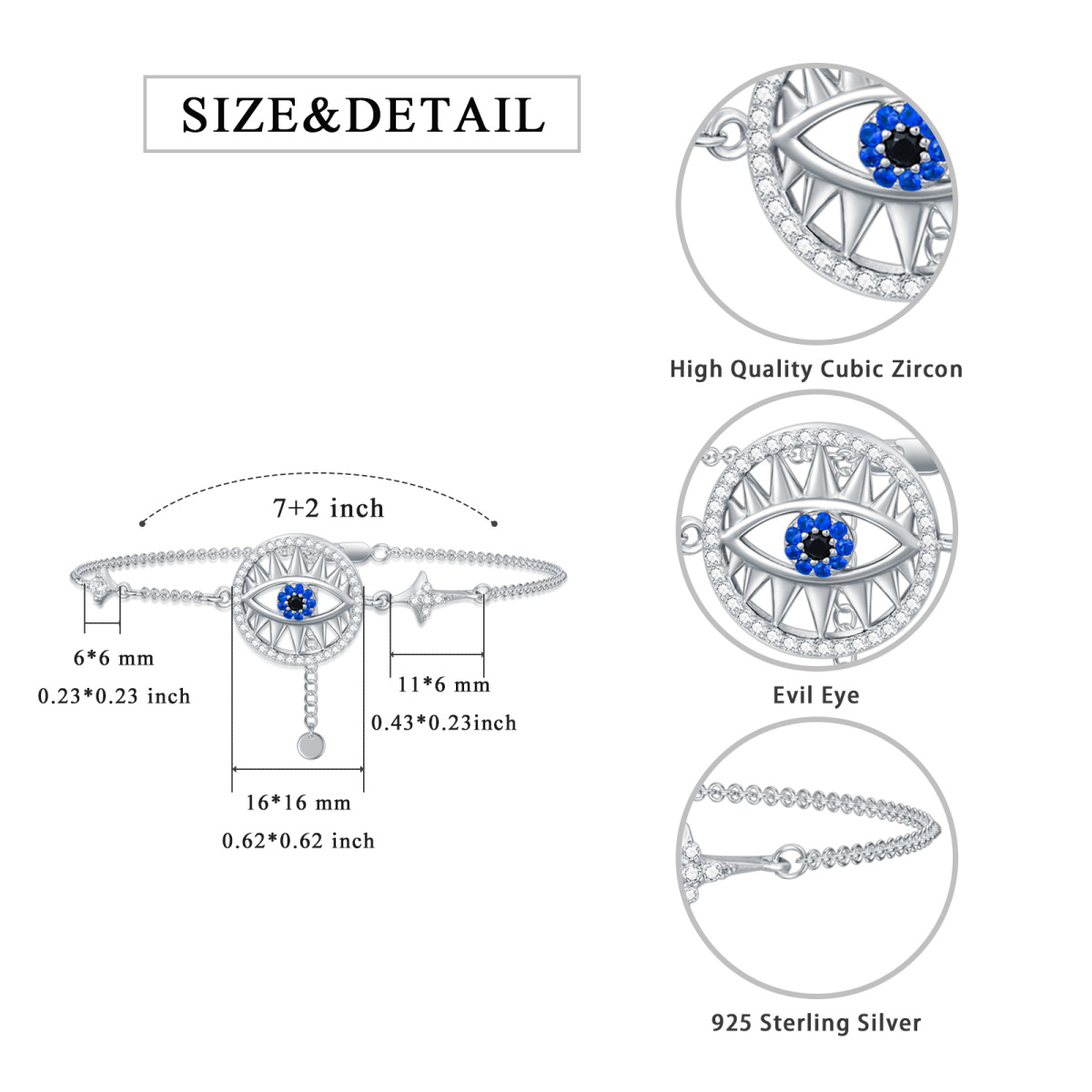 Sterling Silver Circular Shaped Cubic Zirconia Evil Eye Pendant Bracelet-5