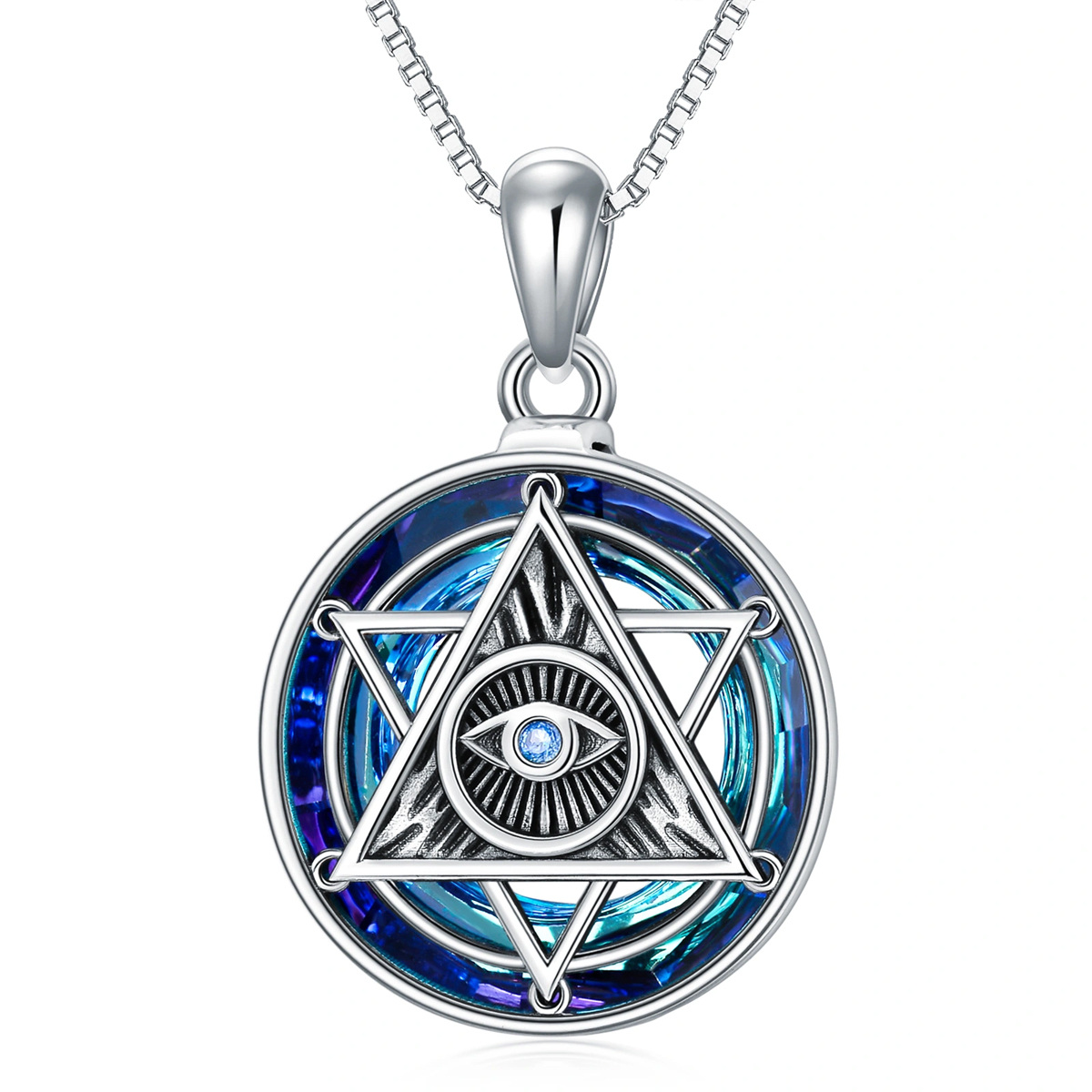 Sterling zilveren cirkelvormige boze oog en pentagram kristal hanger ketting-1