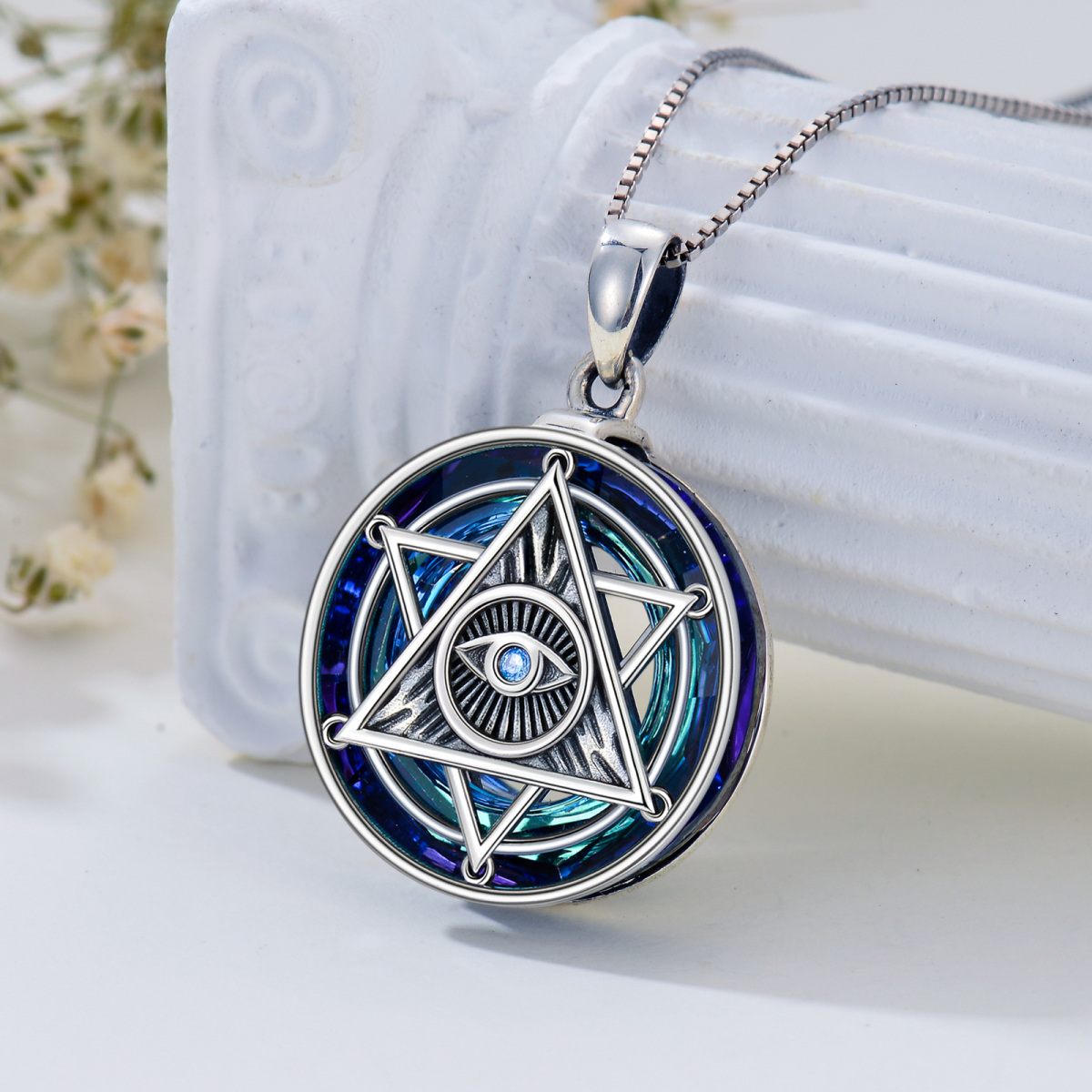 Sterling Silver Circular Shaped Evil Eye & Pentagram Crystal Pendant Necklace-3