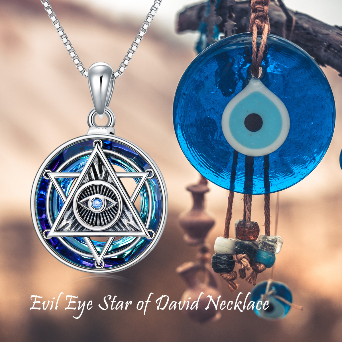 Srebrny naszyjnik w kształcie okrągłego kryształu Evil Eye & Pentagram-6