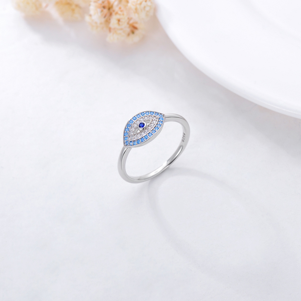 Sterling Silver Round Shaped Cubic Zirconia Evil Eye Ring-3