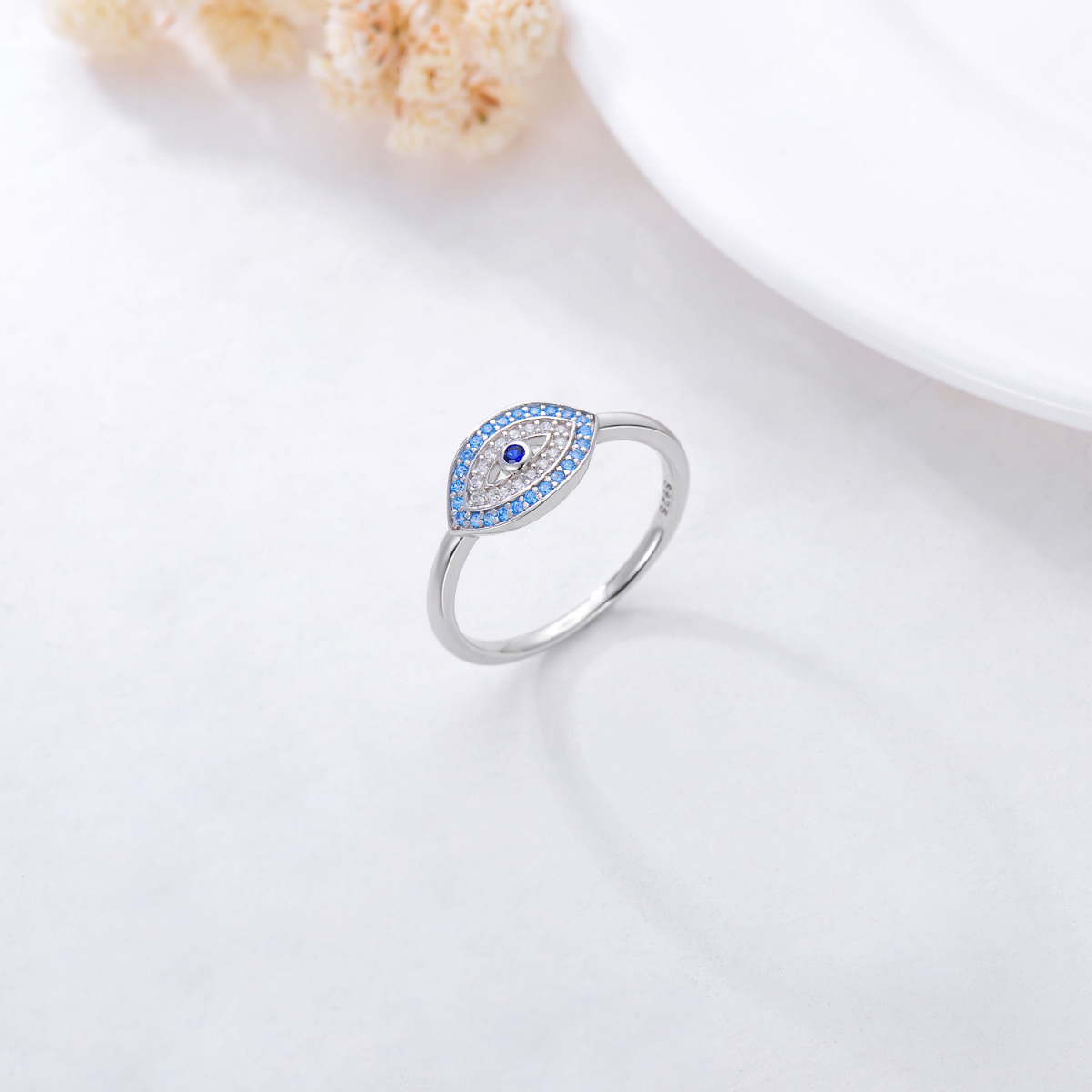 Sterling Silver Circular Shaped Cubic Zirconia Evil Eye Ring-3