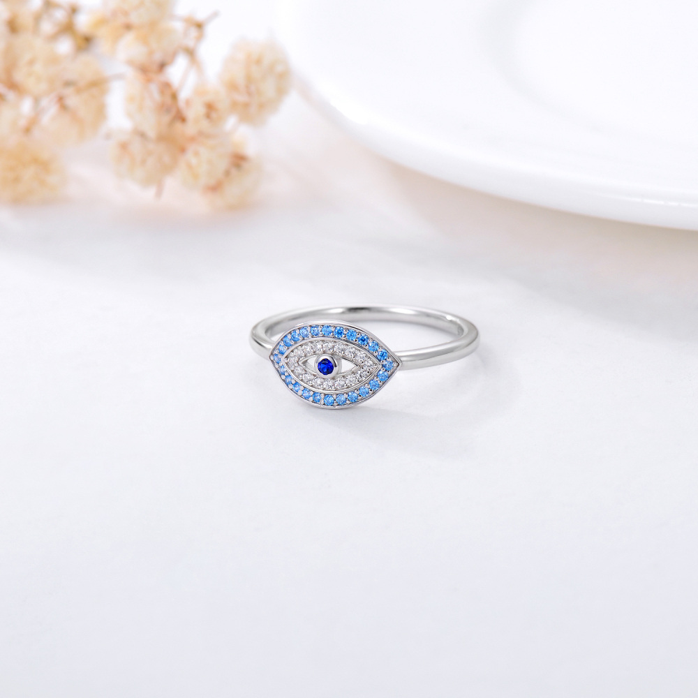 Sterling Silver Round Shaped Cubic Zirconia Evil Eye Ring-4