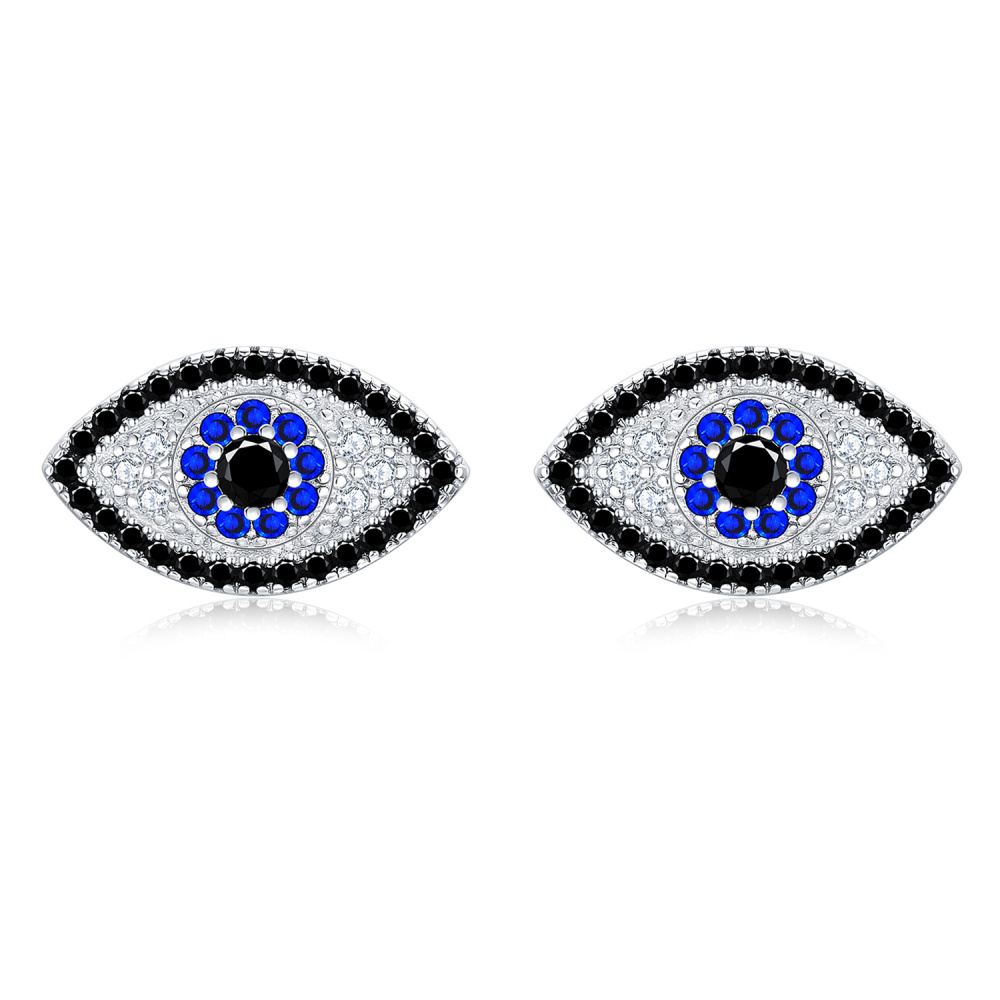 Sterling Silver Circular Shaped Cubic Zirconia Evil Eye Stud Earrings-1
