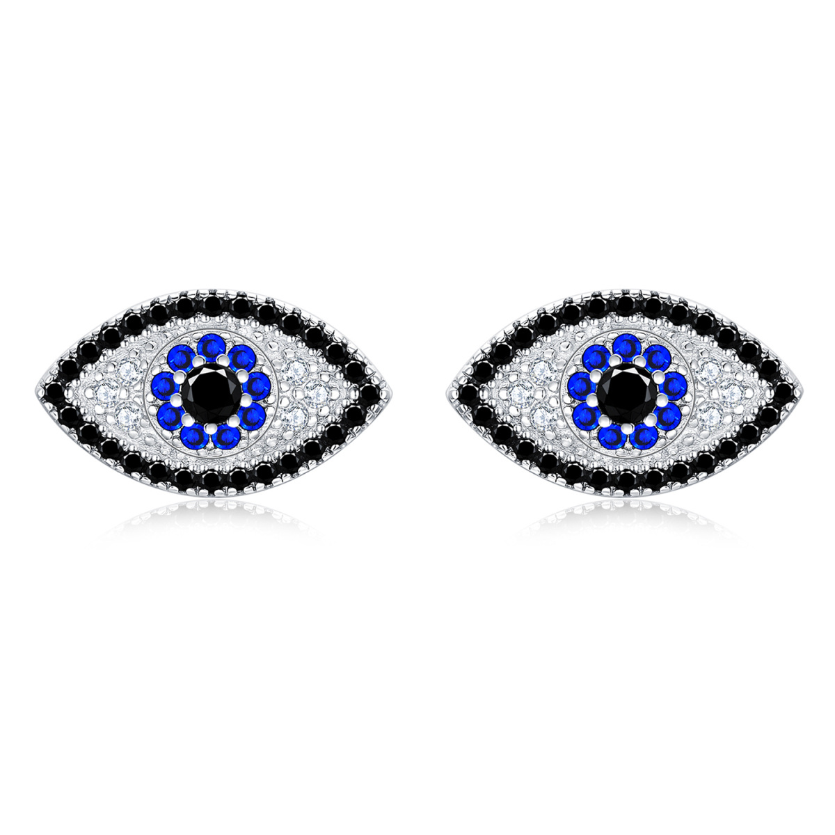 Sterling Silver Circular Shaped Cubic Zirconia Evil Eye Stud Earrings-1