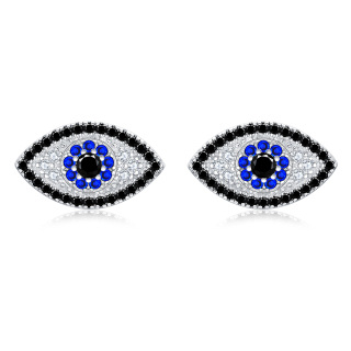 Sterling Silver Circular Shaped Cubic Zirconia Evil Eye Stud Earrings-4