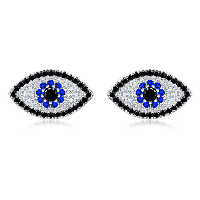 Sterling Silver Circular Shaped Cubic Zirconia Evil Eye Stud Earrings-1