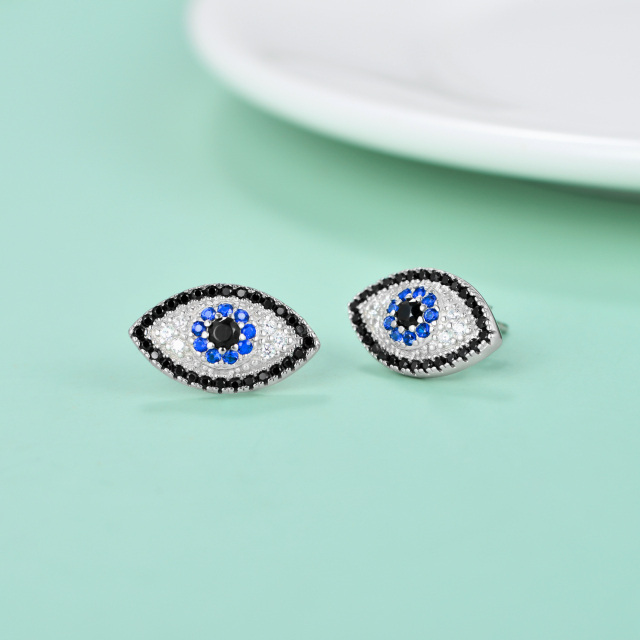 Sterling Silver Circular Shaped Cubic Zirconia Evil Eye Stud Earrings-3