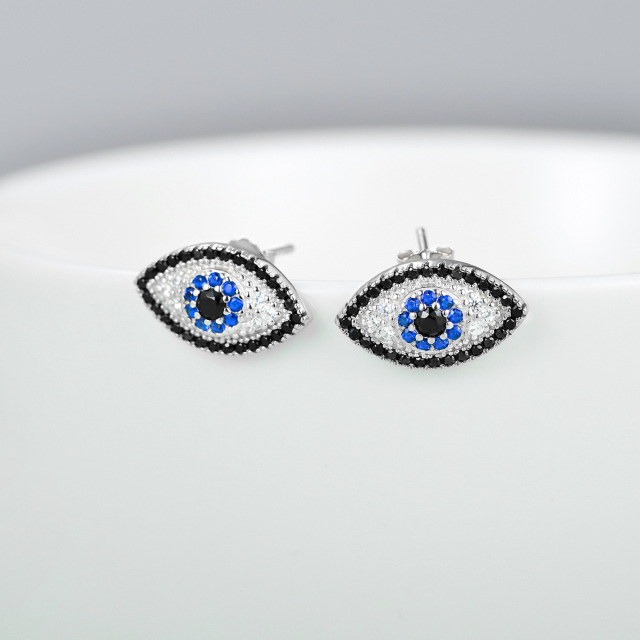 Sterling Silver Circular Shaped Cubic Zirconia Evil Eye Stud Earrings-4