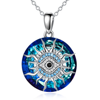 Sterling Silver Circular Shaped Evil Eye & Sun Crystal Pendant Necklace-55