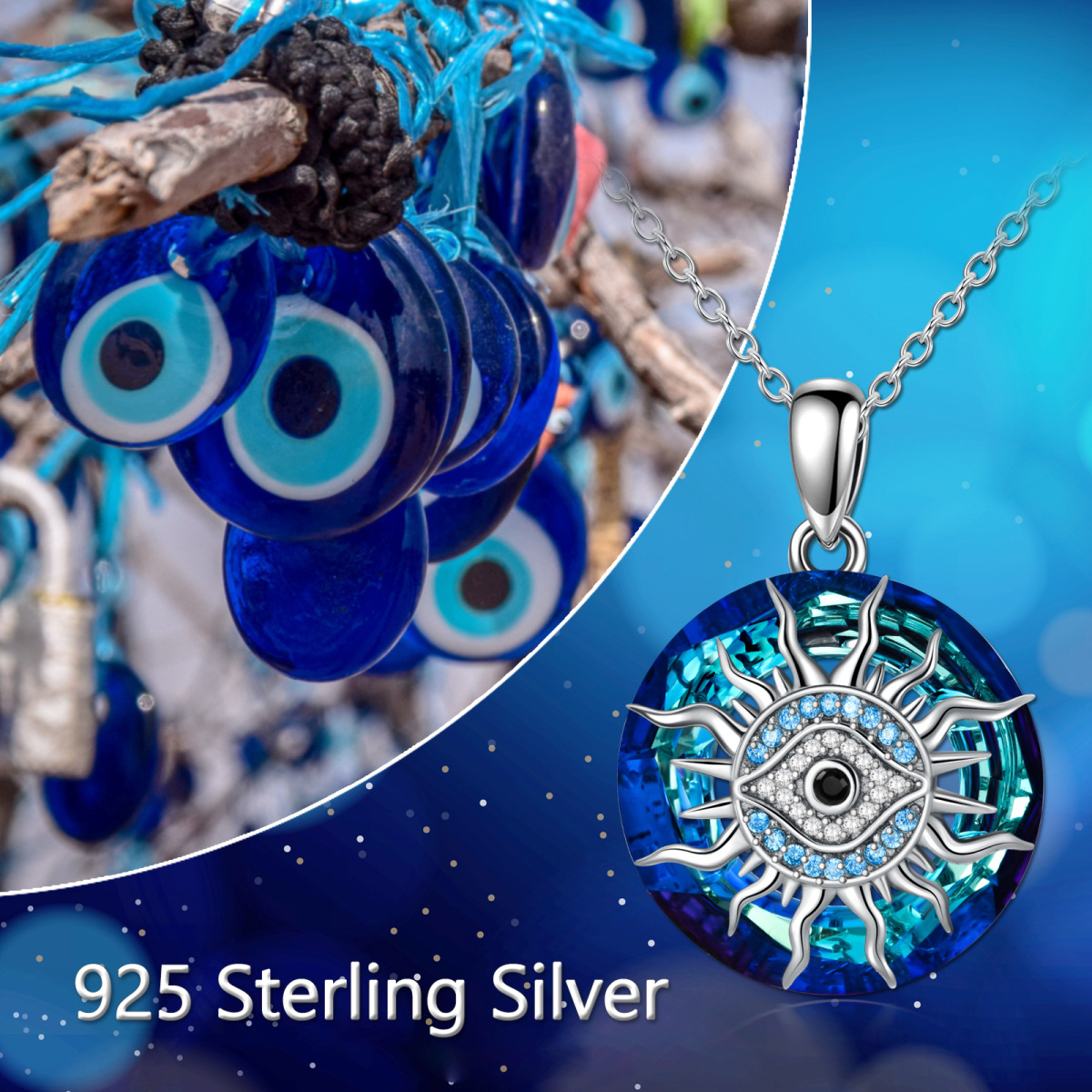 Sterling Silver Circular Shaped Evil Eye & Sun Crystal Pendant Necklace-3