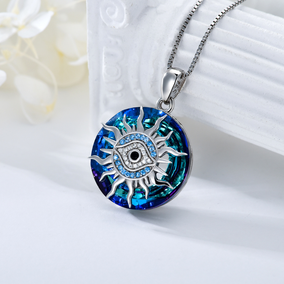 Sterling Silver Circular Shaped Evil Eye & Sun Crystal Pendant Necklace-4