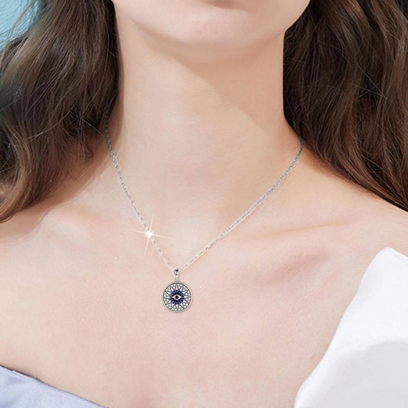 Sterling Silver Circular Shaped Cubic Zirconia Evil Eye & Sun Pendant Necklace-2