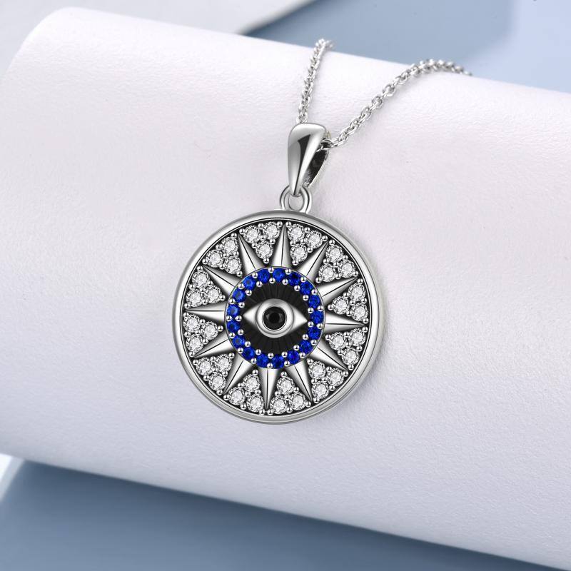 Sterling Silver Circular Shaped Cubic Zirconia Evil Eye & Sun Pendant Necklace-3