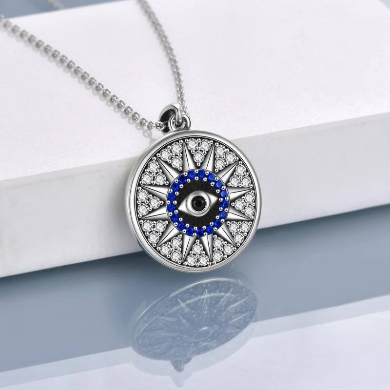 Sterling Silver Circular Shaped Cubic Zirconia Evil Eye & Sun Pendant Necklace-4