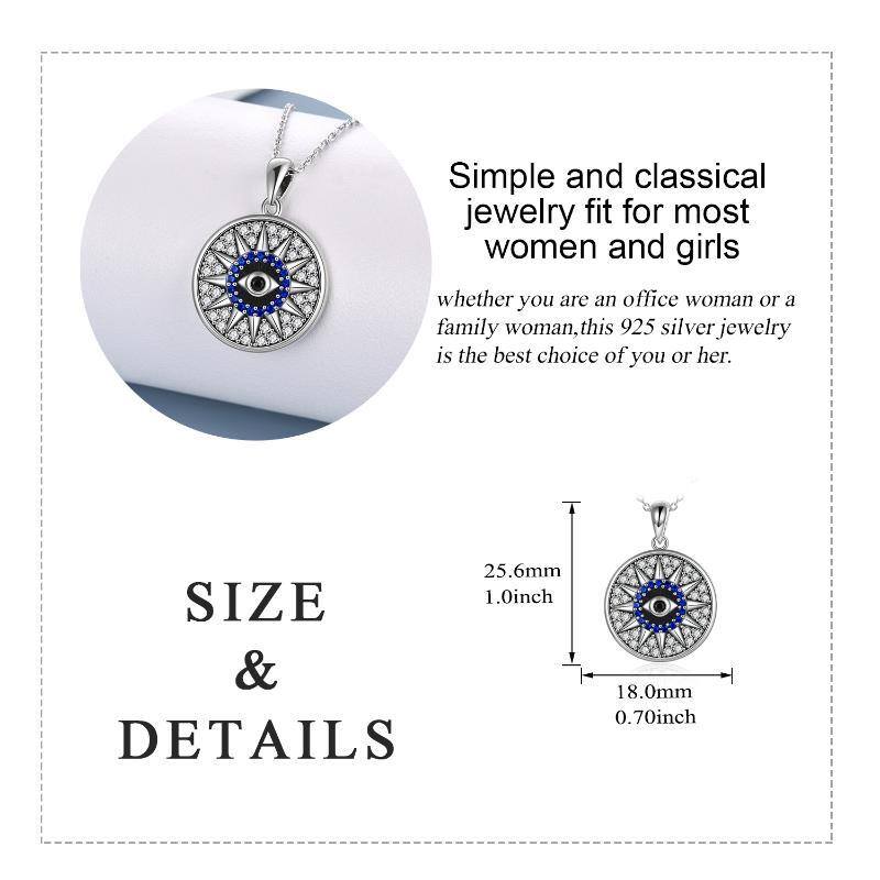 Sterling Silver Circular Shaped Cubic Zirconia Evil Eye & Sun Pendant Necklace-5