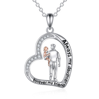 Sterling Silver Circular Shaped Cubic Zirconia Father & Daughter Heart Pendant Necklace with Engraved Word For Men-15