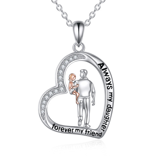 Sterling Silver Circular Shaped Cubic Zirconia Father & Daughter Heart Pendant Necklace with Engraved Word For Men