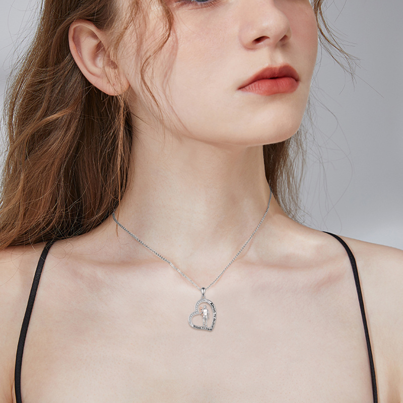 Sterling Silver Circular Shaped Cubic Zirconia Father & Daughter Heart Pendant Necklace with Engraved Word For Men-2