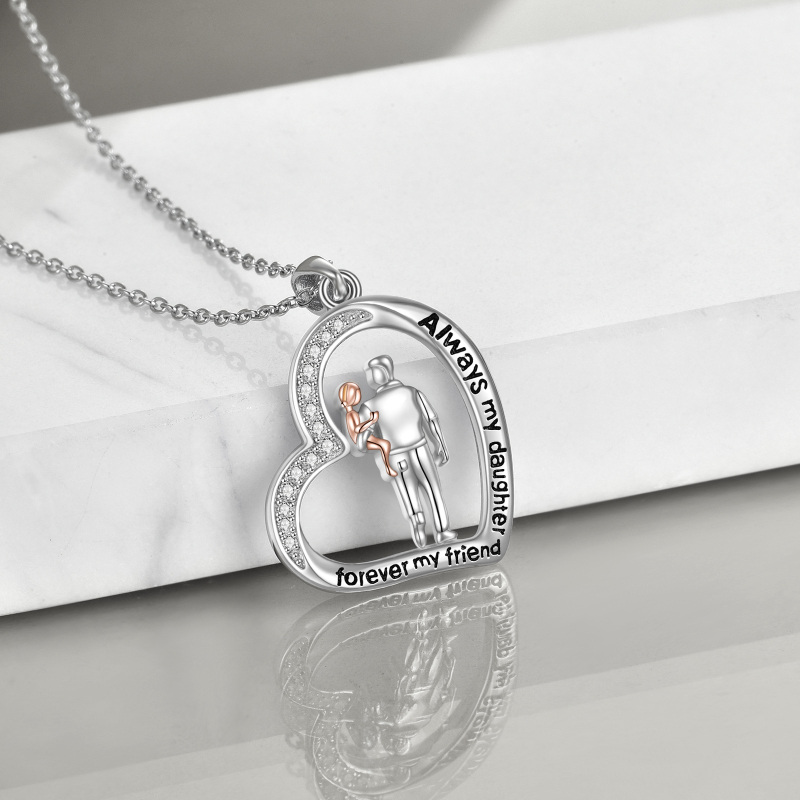 Sterling Silver Circular Shaped Cubic Zirconia Father & Daughter Heart Pendant Necklace with Engraved Word For Men-4