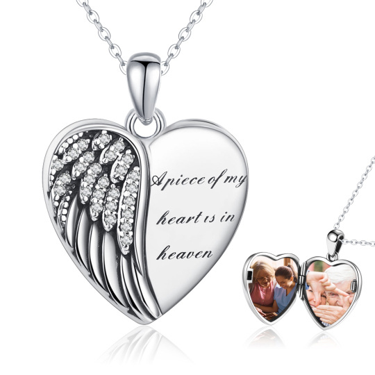 Collar de plata de ley con forma circular de pluma y corazón personalizado con foto y pala