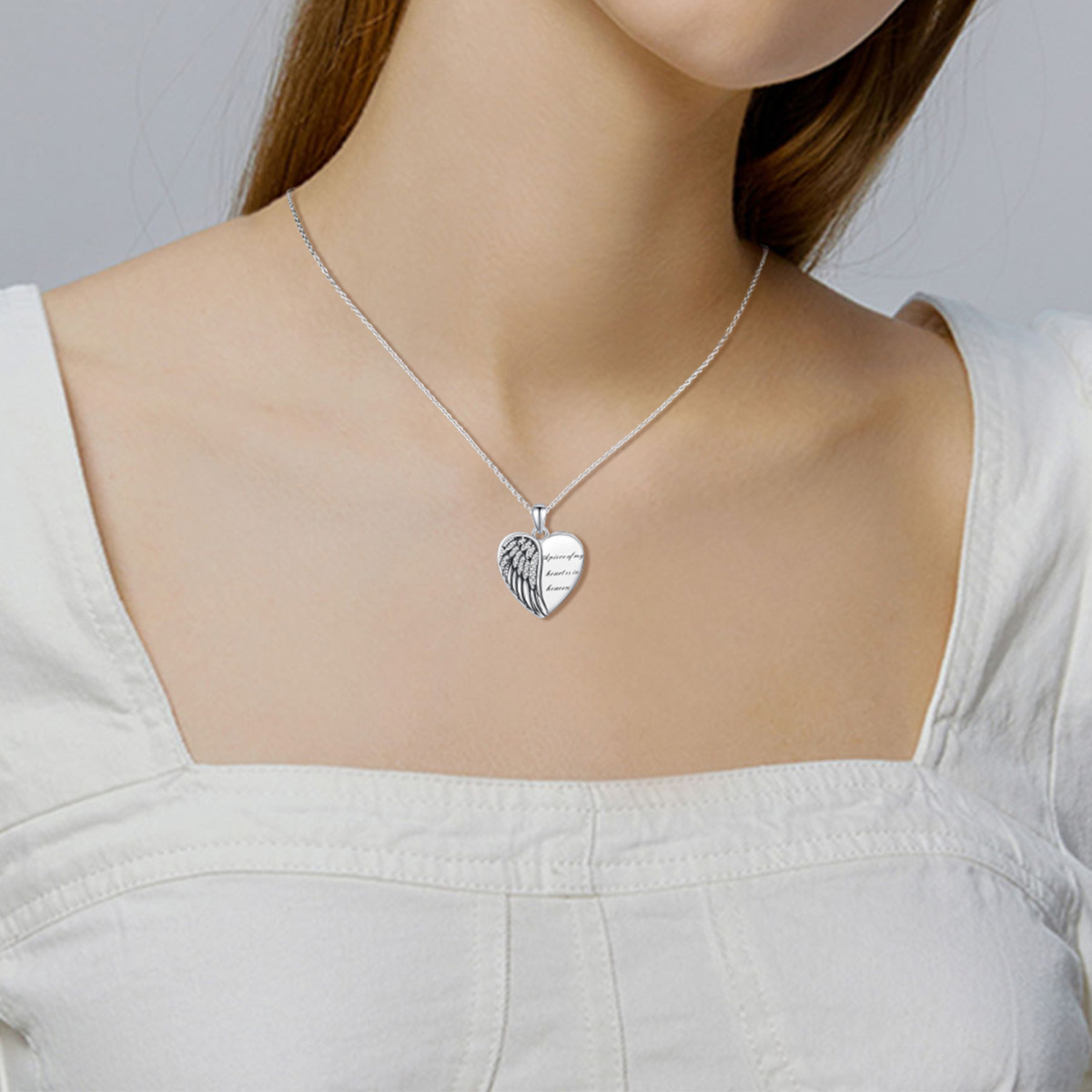 Sterling Silver Circular Shaped Feather & Heart Personalized Photo Locket Necklace with Engraved Word-3