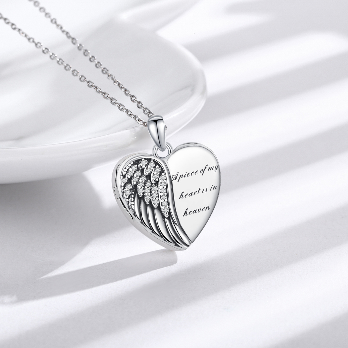 Sterling Silver Circular Shaped Feather & Heart Personalized Photo Locket Necklace with Engraved Word-5