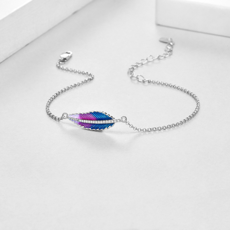 Sterling Silver Circular Shaped Cubic Zirconia Feather Charm Bracelet-4