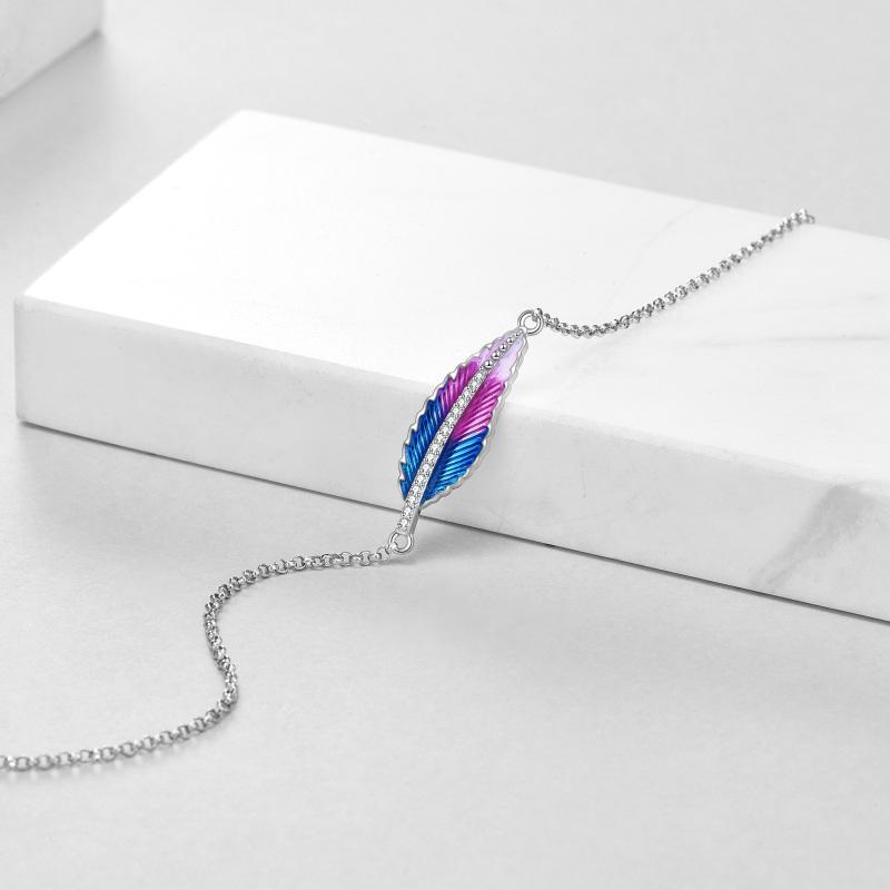 Sterling Silver Circular Shaped Cubic Zirconia Feather Charm Bracelet-5