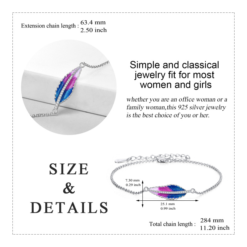 Sterling Silver Circular Shaped Cubic Zirconia Feather Charm Bracelet-6