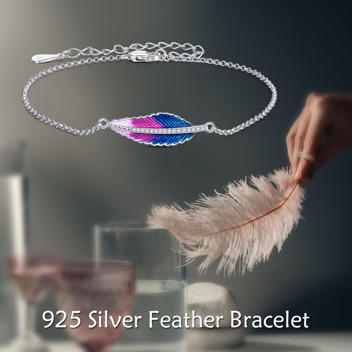 Pulsera de plata de ley con forma circular de circonita cúbica y colgante de pluma-7