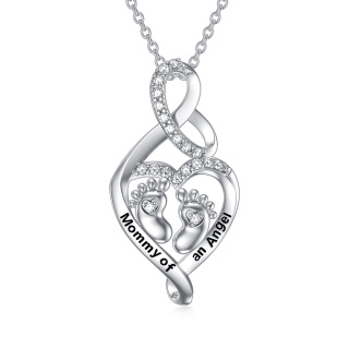 Sterling Silver Circular Shaped Cubic Zirconia Feet & Heart Pendant Necklace with Engraved Word-1