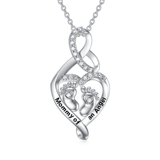 Sterling Silver Circular Shaped Cubic Zirconia Feet & Heart Pendant Necklace with Engraved Word