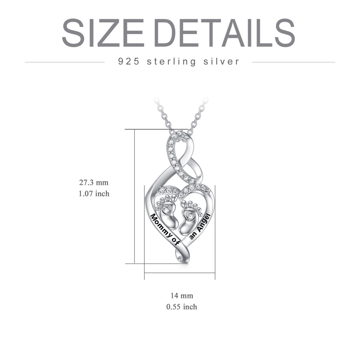 Sterling Silver Circular Shaped Cubic Zirconia Feet & Heart Pendant Necklace with Engraved Word-5