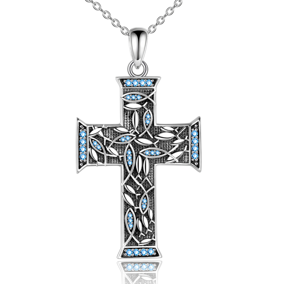 Sterling Silver Circular Cubic Zirconia Fish Tree Of Life Cross Jesus Pendant Necklace-1