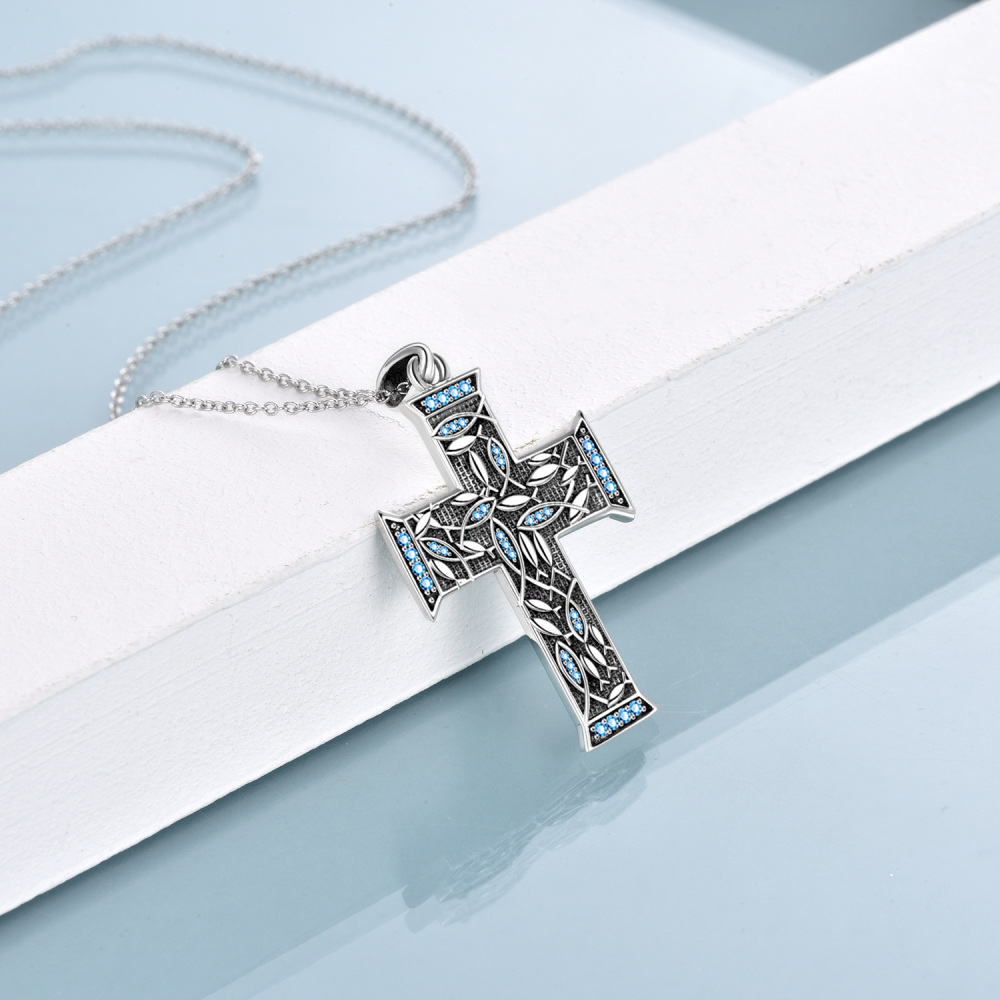 Colar com pingente de cruz de Jesus, árvore da vida, zircônia cúbica circular em prata esterlina-3
