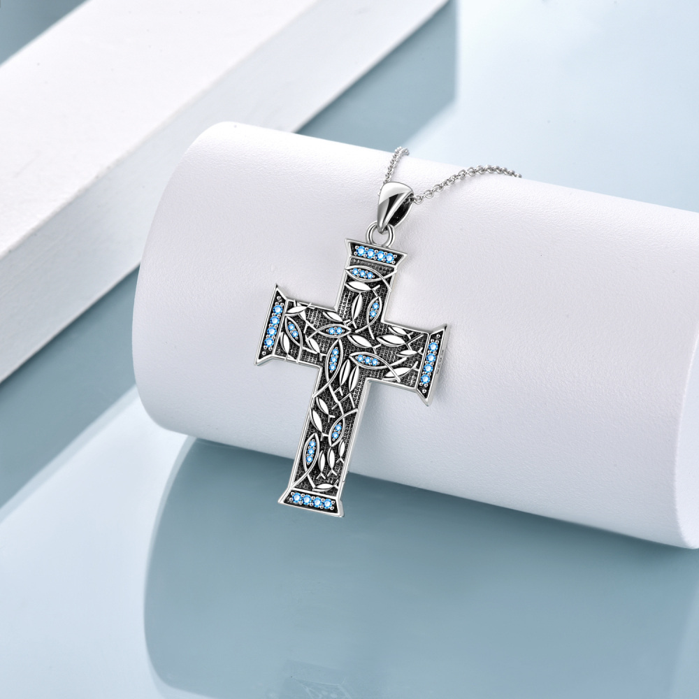 Colar com pingente de cruz de Jesus, árvore da vida, zircônia cúbica circular em prata esterlina-4