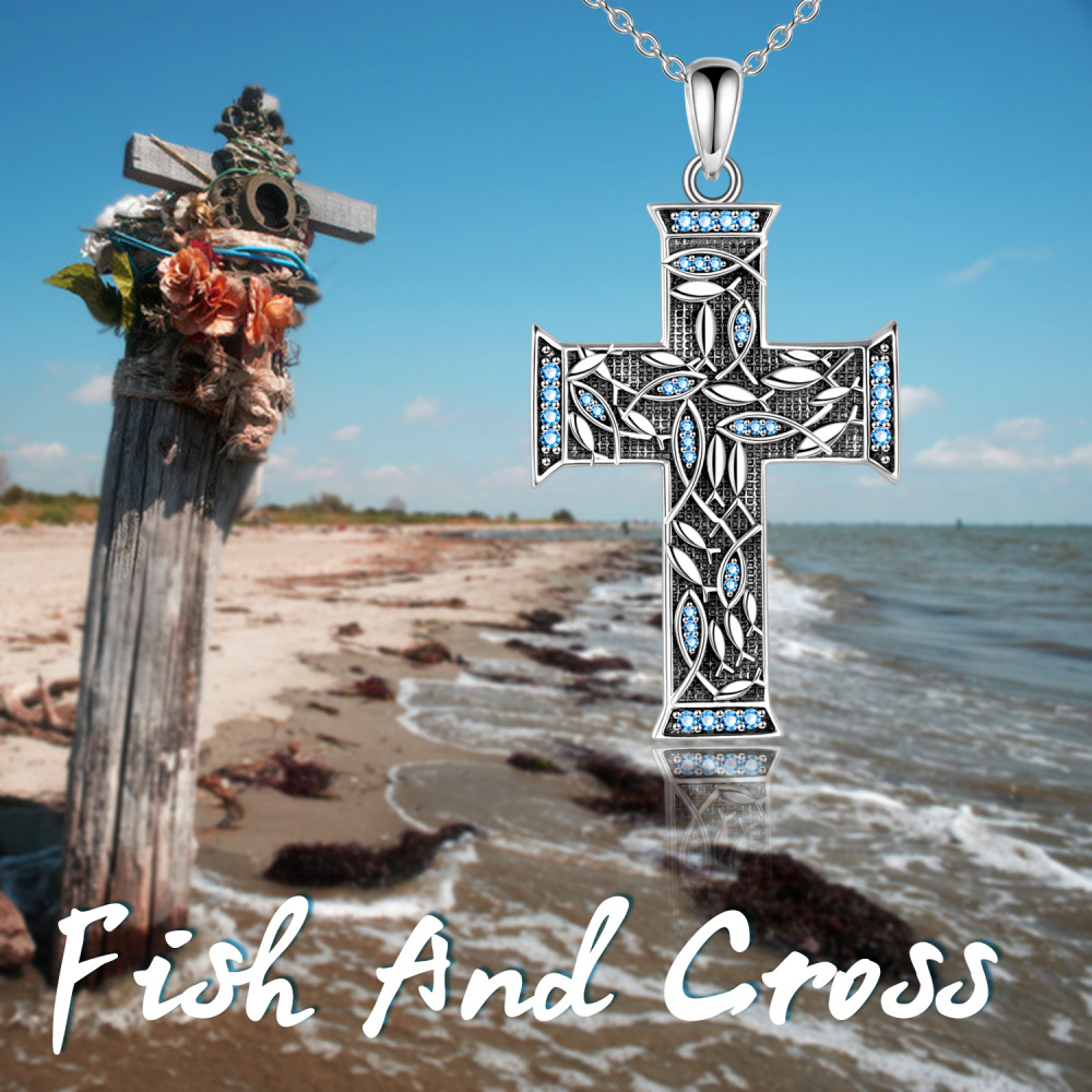 Colar com pingente de cruz de Jesus, árvore da vida, zircônia cúbica circular em prata esterlina-6
