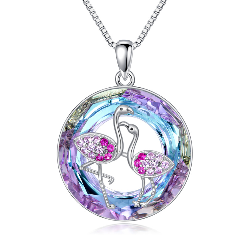 Sterling Silver Circular Shaped Flamingo Crystal Pendant Necklace-7