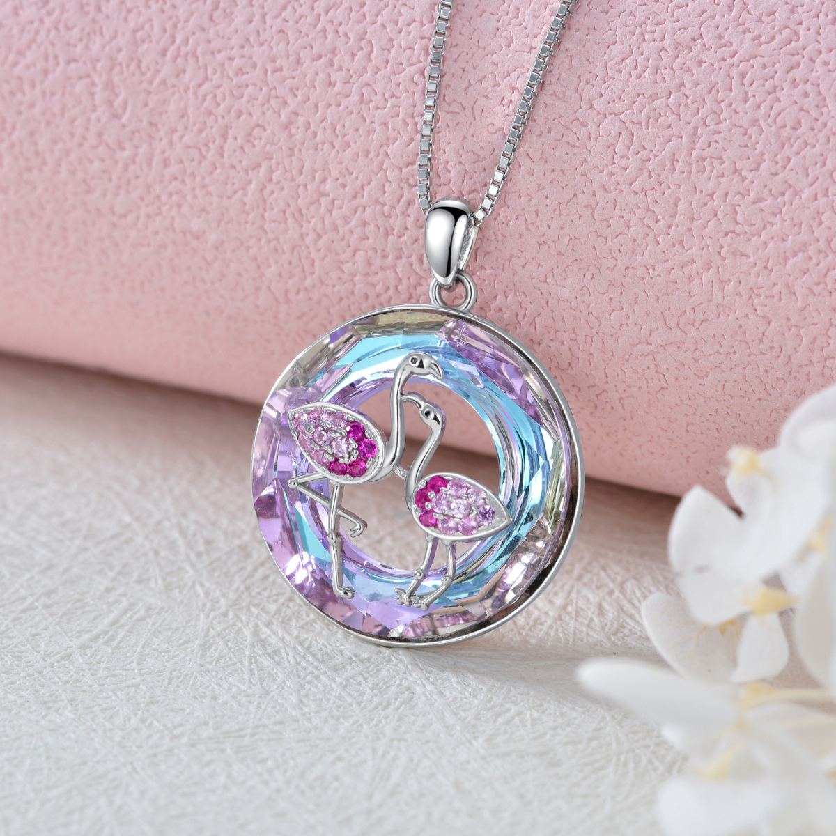 Colar de prata esterlina com pingente de cristal de flamingo em forma circular-3