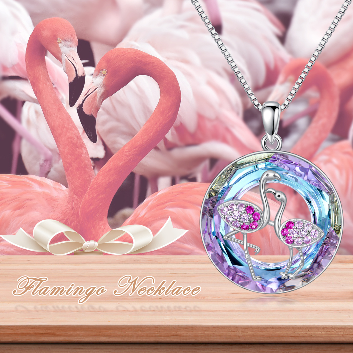 Colar de prata esterlina com pingente de cristal de flamingo em forma circular-6